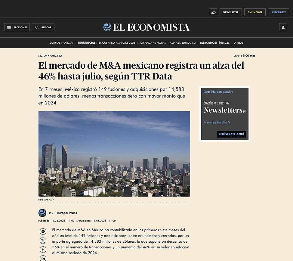 El mercado de M&A mexicano registra un alza del 46% hasta julio, segn TTR Data